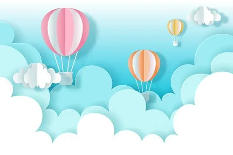 Vector and digital craft style of Airplane and Balloons on the sky Stock Illustration