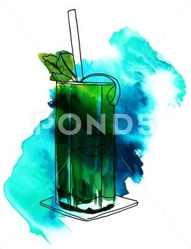 Vector and watercolor drawing of mojito cocktail with texture Stock Illustration