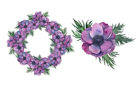 Vector anemone flowers frame and bouquet in bright purple colors. Hand drawn Stock Illustration