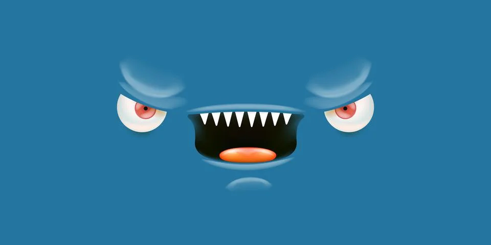 Vector angry blue monster face with open mouth with fangs and evil eyes isolated 스톡 일러스트