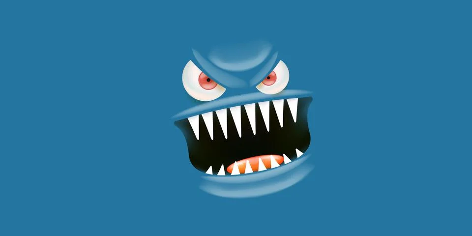 Vector angry blue monster face with open mouth with fangs and evil eyes isolated Stock Illustration