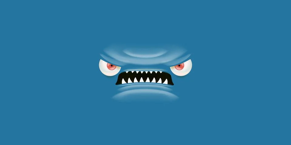 Vector angry blue monster face with open mouth with fangs and evil eyes isolated 스톡 일러스트
