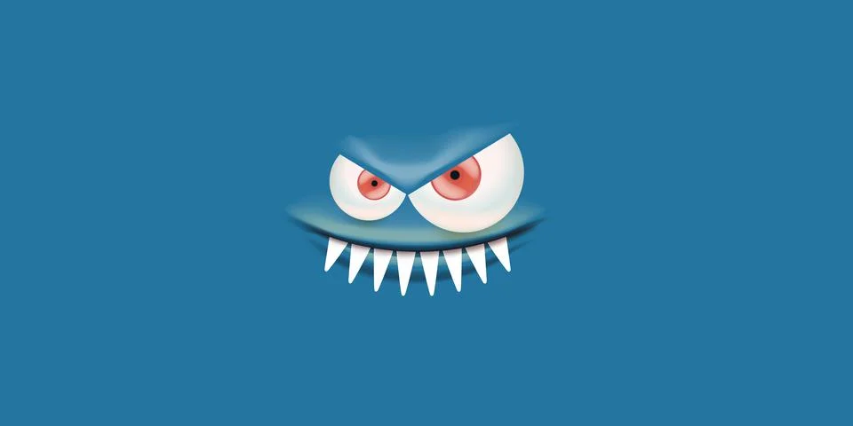 Vector angry blue monster face with open mouth with fangs and evil eyes isolated 스톡 일러스트