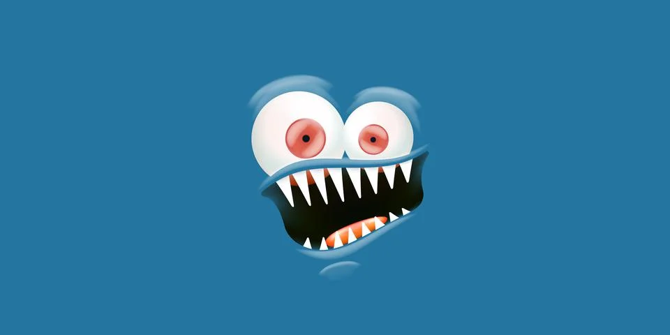 Vector angry blue monster face with open mouth with fangs and evil eyes isolated 스톡 일러스트