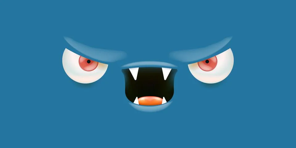 Vector angry blue monster face with open mouth with fangs and evil eyes isolated Illustrazione stock
