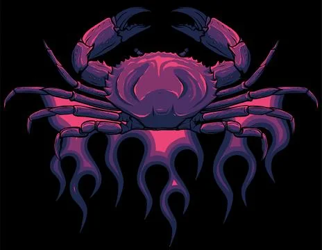 Vector Angry crab with claws on flames on black background Illustrazione stock