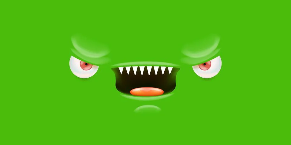 Vector angry green monster face with open mouth with fangs and evil eyes 스톡 일러스트