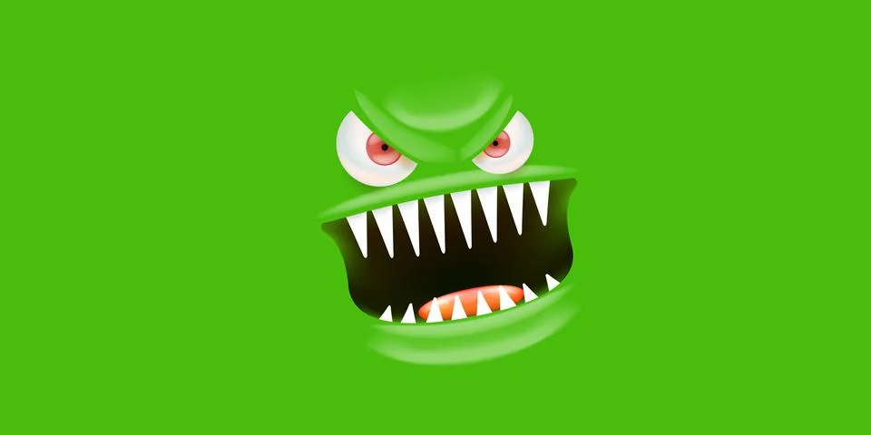 Vector angry green monster face with open mouth with fangs and evil eyes 스톡 일러스트