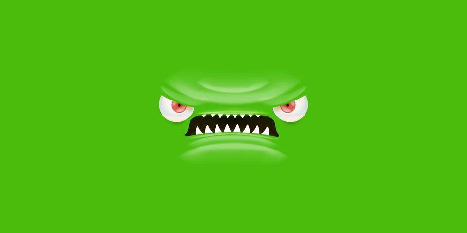 Vector angry green monster face with open mouth with fangs and evil eyes 스톡 일러스트