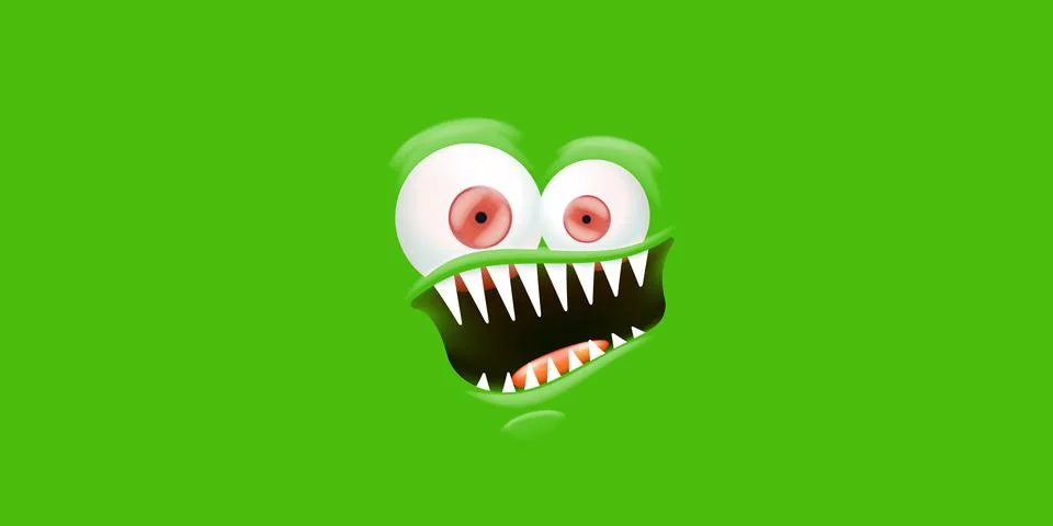 Vector angry green monster face with open mouth with fangs and evil eyes 스톡 일러스트