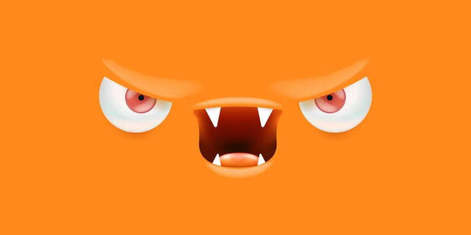 Vector angry orange monster face with open mouth with fangs and evil eyes 스톡 일러스트