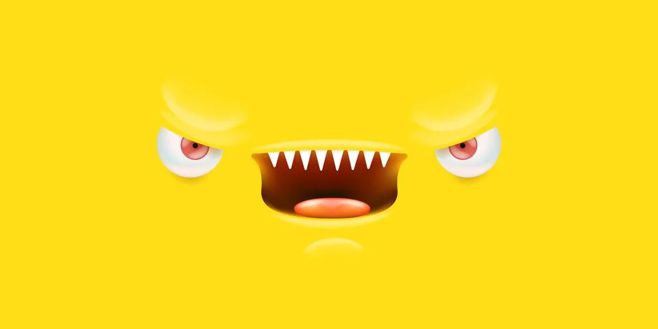 Vector angry yellow monster face with open mouth with fangs and evil eyes Stockillustratie