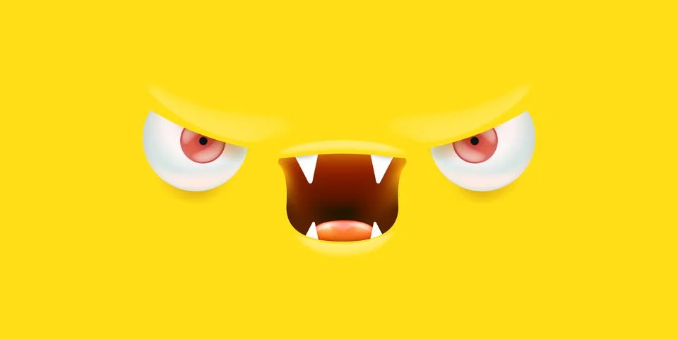 Vector angry yellow monster face with open mouth with fangs and evil eyes Stock Illustration