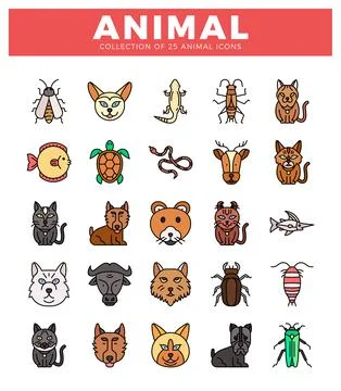 Vector animal icon collection 25 illustrated animal symbols. Stock Illustration