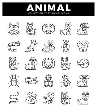 Vector animal icon collection with diverse species on white background Stock Illustration