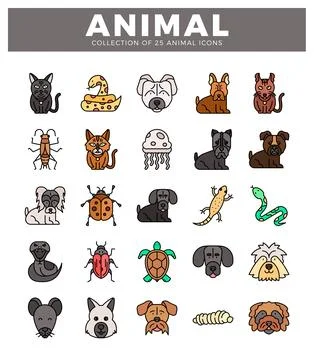 Vector animal icons collection with pets. insects. reptiles. and marine lif.. Stock Illustration