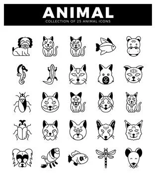 Vector animal icons collection set line art dog. cat. fish. seahorse. lizar.. Stock Illustration