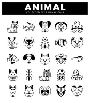 Vector Animal Icons Set Various Animals in Line Art Style Stock Illustration