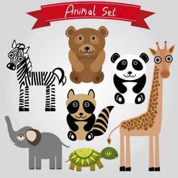 Vector animal set zebra, turtle, giraffe, elephant, panda, bear Stock Illustration