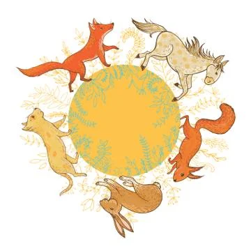 Vector animals inside floral wreath Stock Illustration