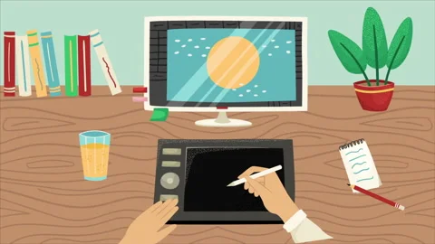 Vector animation of an illustrator working on a graphic tablet with a monitor Stock Footage 217977457