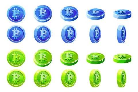 Vector animation rotation Blue and green 3D Bitcoin coins. Digital or Virtu.. Stock Illustration