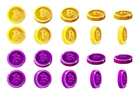 Vector animation rotation Orange and Violet 3D Bitcoin coins. Digital or Vi.. Stock Illustration