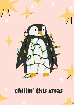 Vector Antarctica penguin tangled in xmas garland Stock Illustration