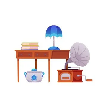 Vector of antique retro items wooden furniture, tableware, books, gramophon.. Stock Illustration