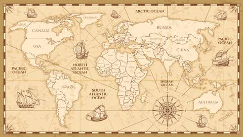 Vector antique world map with countries boundaries Stock Illustration