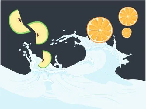 Vector apple and orange fall in yogurt splash Stock Illustration