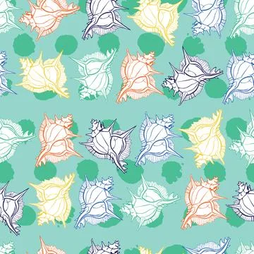 Vector aqua colourful rows of murex seashells repeat pattern with polka dots  Stock Illustration