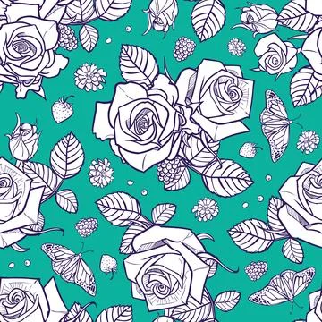 Vector aqua green and white roses and berries seamless pattern. Perfect for f Stock Illustration