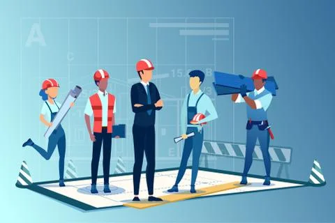 Vector of an architect, construction workers and engineers team working toget Stock Illustration