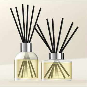 Vector Aromatic Diffuser with Pastel Yellow Scented Oil &amp; Black Reeds Stock Illustration
