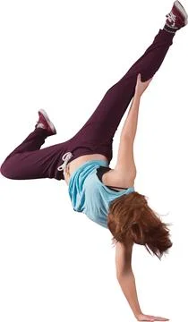 Vector art dancer doing one-arm handstand on white backdrop, wearing burgundy Fotos de archivo