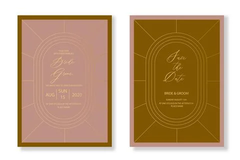 Vector art deco and arabic vintage wedding invitation template set with gold  Stock Illustration