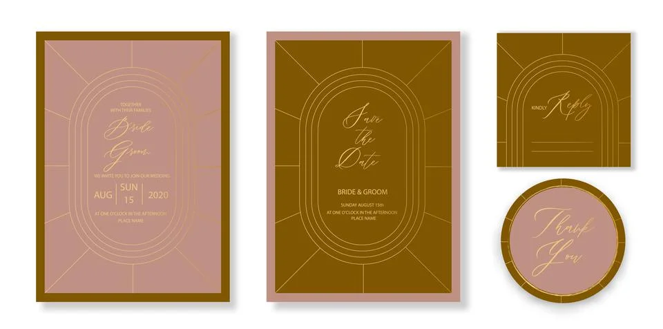 Vector art deco and arabic vintage wedding invitation template set with gold  Stock Illustration