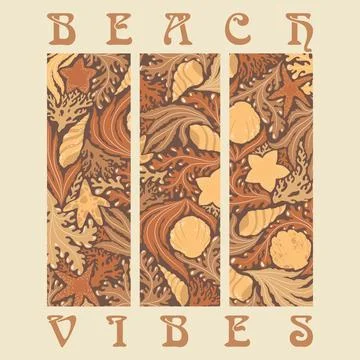 Vector art illustration with abstract ocean plants, seashells, sea stars, c.. Stock Illustration
