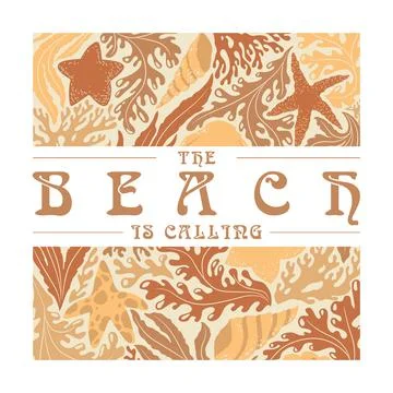 Vector art illustration with abstract ocean plants, seashells, sea stars, c.. Stock Illustration