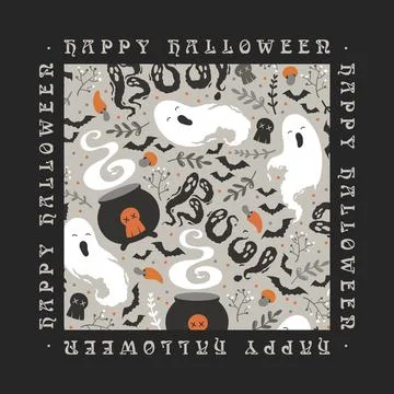 Vector art illustration with cute cute ghosts, witch cauldrons, bats, skull.. Illustrazione stock