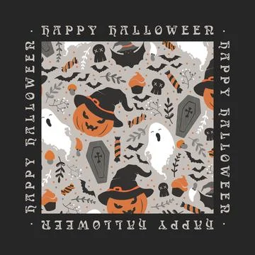 Vector art illustration with cute pumpkins in witch hat, ghost, sweets, bat.. Stock Illustration