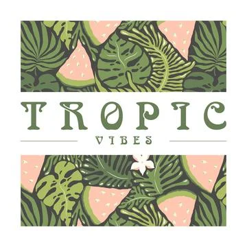 Vector art illustration with hand drawn abstract tropical pattern and lette.. Stock Illustration