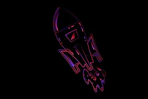Vector art is showing neon-outlined rocket ship ascending in black void with Stock Photos