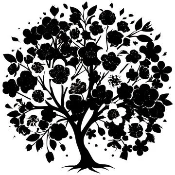 Vector art silhouettes of cherry blossom flower tree Stock Illustration