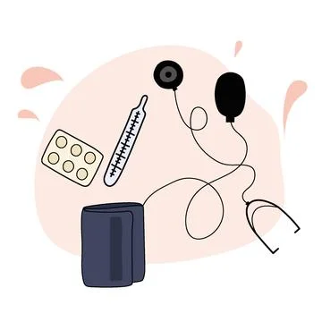 Vector art of thermometer tonometer pills health Stock Illustration