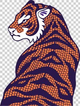 Vector-art tiger is crouching, showing orange spots and purple stripes on Stock Illustration