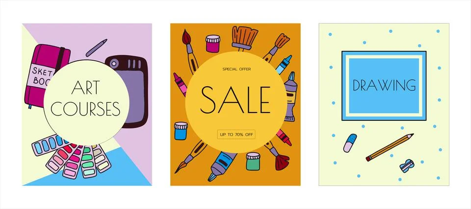 Vector art tools sketch banners. Cards hand drawn vector artist s supplies Stock Illustration