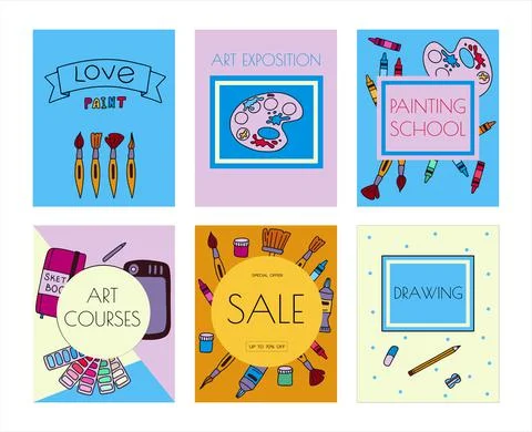 Vector art tools sketch banners. Cards hand drawn vector artist s supplies Stock Illustration