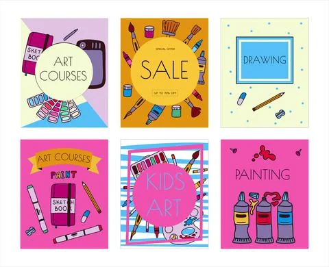 Vector art tools sketch banners. Cards hand drawn vector artist s supplies 库存插图